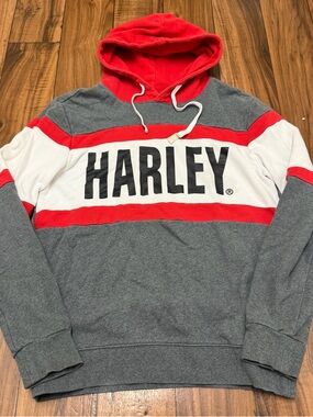 Harley Davidson Pullover Hoodie Colorblock Spellout Red Gray Men’s Slim Medium
